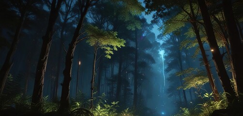 Twinkling bioluminescent lights strung through the forest canopy, enchanted forest ambiance, glowing lanterns, shimmering branches