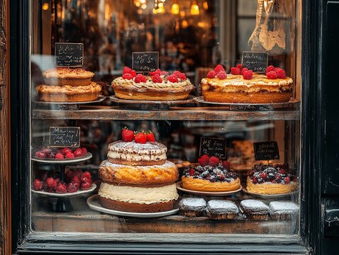 Maracons cakes on the window of a pastry shop