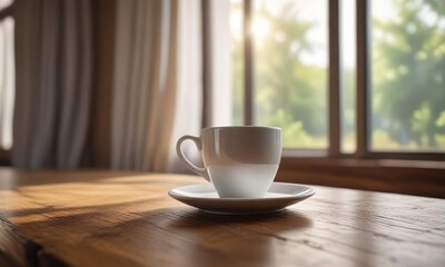 A single white coffee cup with a saucer sits on a reclaimed wood table near a window with blurred sunlight peeking through the curtains , peaceful atmosphere, reclaimed wood, blurring light