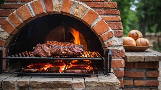 Tantalizing aroma of baked meat from an outdoor brick oven showcases the rustic essence of traditional grilling and gathering in nature's setting