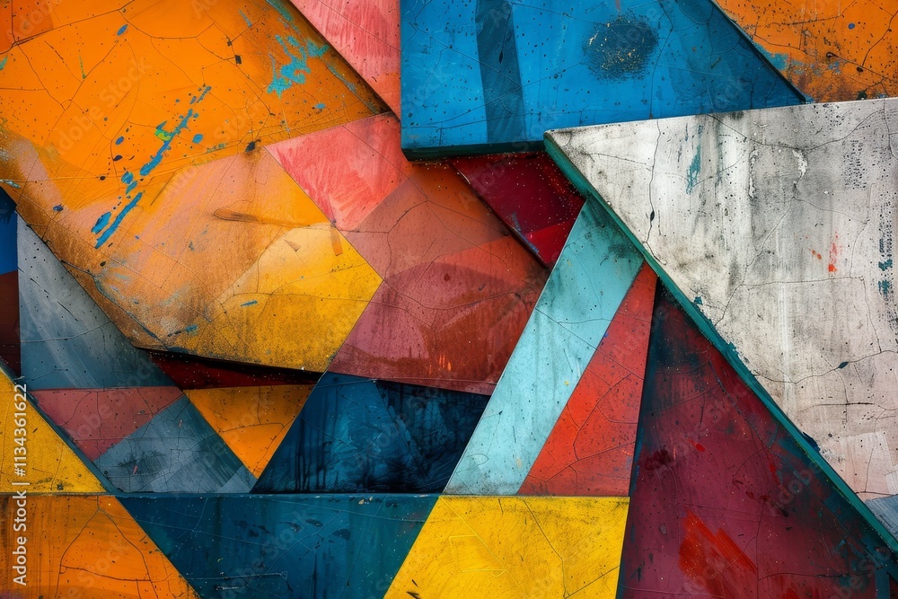 Poster a striking mural displays a blend of geometric shapes and colors, creating a dynamic visual effect t