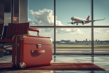 Premium vacation mood with designer suitcases at airport high fidelity environment travel concept vibrant aesthetic