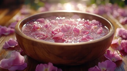 A wooden bowl filled with water and floating pink rose petals, creating a serene atmosphere.