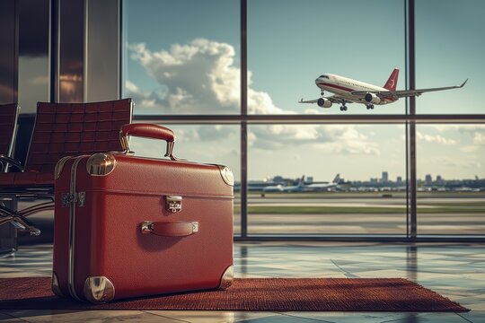 Premium vacation mood with designer suitcases at airport high fidelity environment travel concept vibrant aesthetic