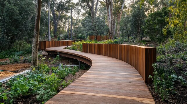 A pedestrian bridge made of locally sourced timber, with integrated planters that support native vegetation