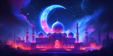 Neon-lit mosque under crescent moon at night.