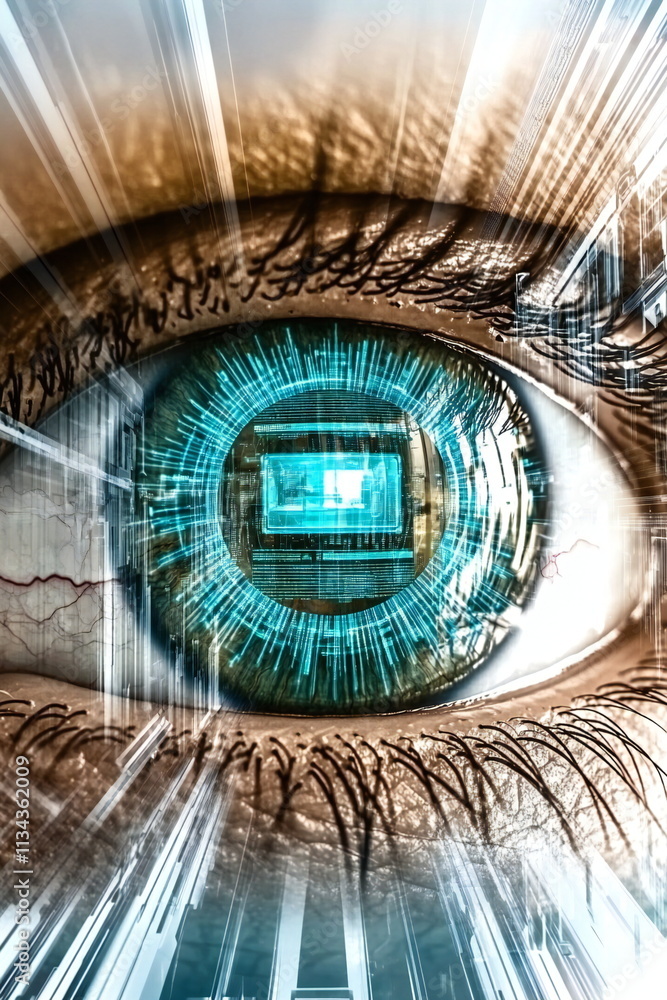 Poster exploring the connection between technology and human perception through an abstract eye illustratio