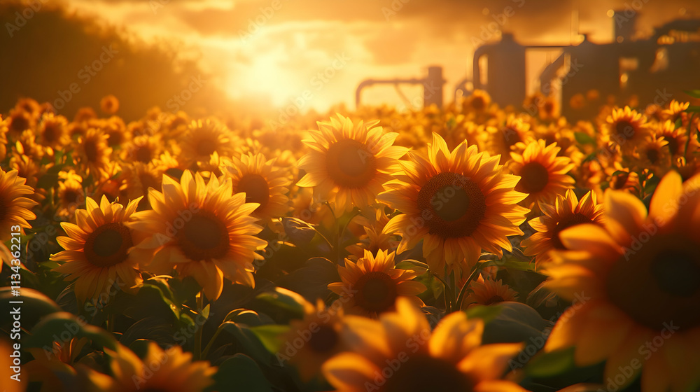 Wall mural Sunflowers at sunset with industrial background.