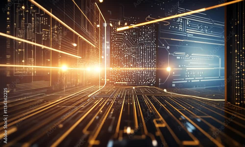Poster futuristic digital corridor with glowing orange lines and intricate circuit patterns.