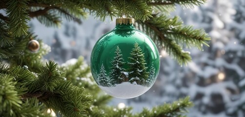 A stunning glass ornament adorns the branches of a lush green Christmas tree against a snowy backdrop, glass ornament, wintery scene, snowflake