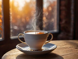 Obraz premium a cup of warm tea in the morning