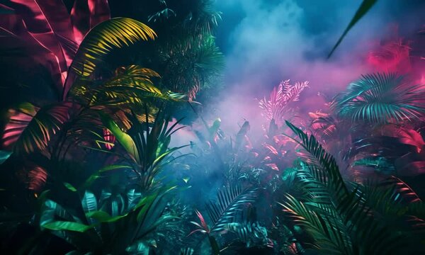 A mystical rainforest at night, illuminated by neon lights and shrouded in fog. Lush tropical plants create a vibrant, dreamlike scene.