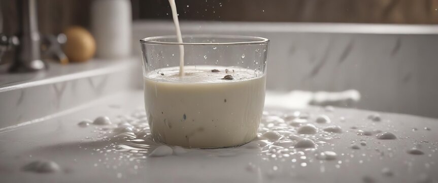 Kniegelen in einem Bad mit Milch und Wassertropfen, milchfarbenlicht, wassertropfen, feuchtigkeit