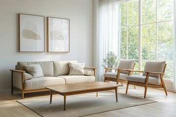 Minimalist, mid century modern interior design of the living room with walls hanging with art frames and sofas and wooden tables. Generative AI
