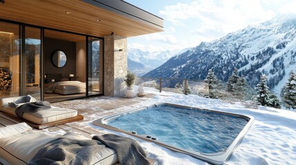 Modern chalet with a hot tub overlooking snowy mountains.