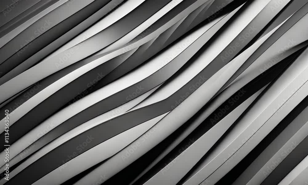 Poster abstract grayscale rendering of flowing, undulating metallic ribbons.