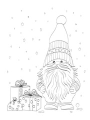 Cartoon dwarf Santa Claus drawing with Christmas gifts