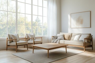 Minimalist, Mid century Modern Interior Design of a House Living Room with Window View and Sofa and Table. Generative AI
