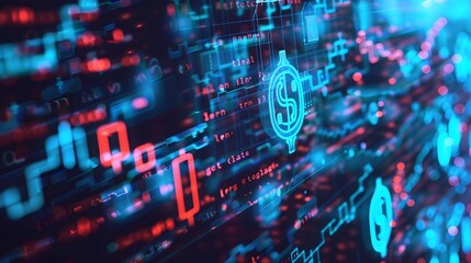 Abstract digital background with blue glowing dollar sign, code, and blurred shapes.