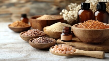 A collection of various natural ingredients and essential oils in wooden bowls and bottles.