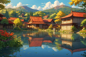 Naklejka premium Tranquil village by a mirror-like lake, golden sunlight over red-roofed houses and blooming gardens, in anime style