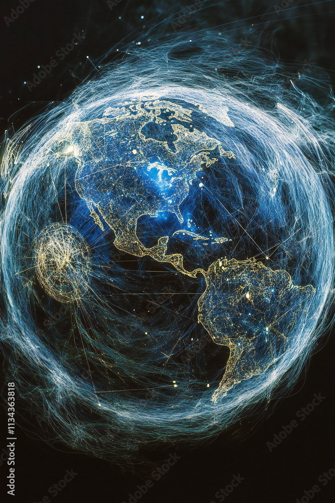 Poster global network visualization depicting interconnectedness across continents and technology in a digi