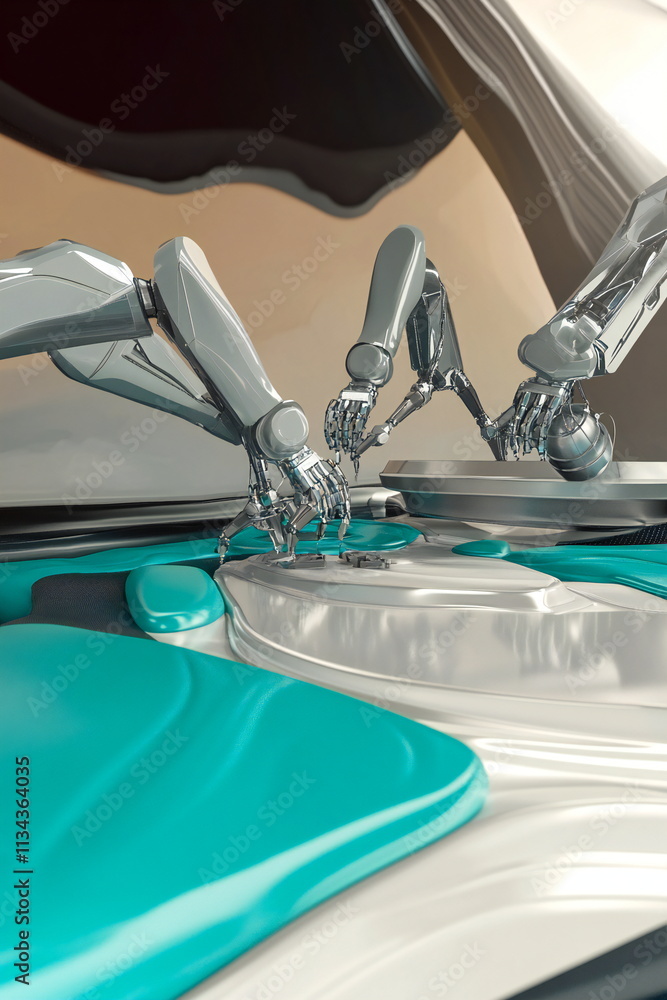 Poster two robotic arms assembling components on a sleek surface in a modern workspace