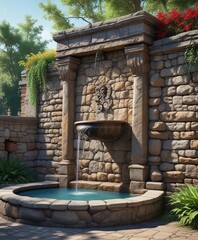 Historic stone wall surrounding a tranquil water fountain featuring several large spouts , fountain, historic