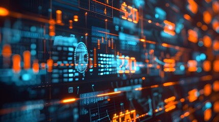 Abstract digital background with glowing lines and shapes in blue and orange.