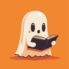 Cute ghost reading a book on an orange background.