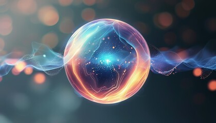 Abstract Glowing Sphere with Colorful Light Trails and Bokeh Effects in a Dynamic Composition