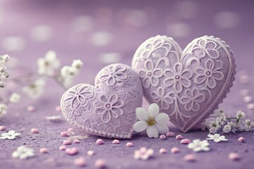 Obraz premium Romantic Lavender Heart Design with Lace Patterns and White Flowers on Purple Background