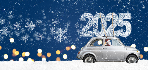 Christmas is coming. Santa Claus on toy car delivering New Year 2025 gifts and countdown clock at blue background with fireworks