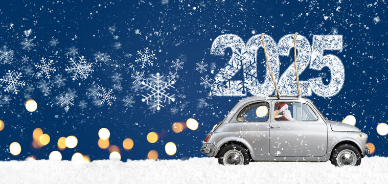 Christmas is coming. Santa Claus on toy car delivering New Year 2025 gifts and countdown clock at blue background with fireworks