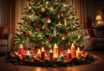 Candles and festive decorations surrounding the base of a large Christmas tree in a cozy living room at night, candles, grouping, soft illumination
