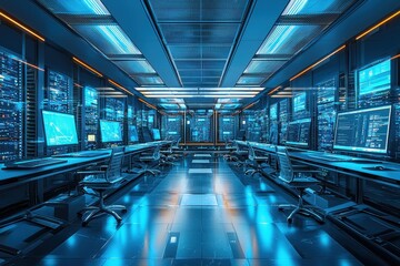 Naklejka premium High-tech server room operations modern data center digital infrastructure symmetrical environment futuristic viewpoint for enhanced efficiency