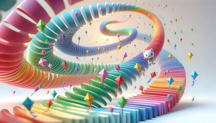 Fototapeta premium 3D Soft abstract image of colorful kites soaring against a bright sky with ample copy space. concept as Colorful kites float effortlessly against a bright soft focused sky symbolizing freedom and joy 