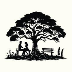 Couple Sitting by a Tree Silhouette Set for Nature, Romance, and Scenic Art Projects