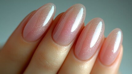 Close-up of elegantly manicured nails with a soft gradient and shimmer.