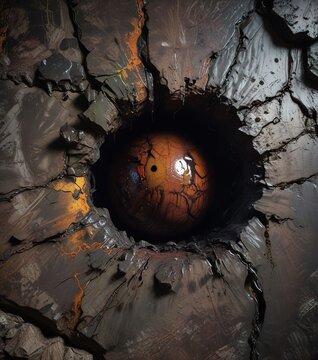 A dark, slimy mass protrudes from the crack in the wall, oozing towards the viewer with an unblinking gaze , unknown, gaze, basement