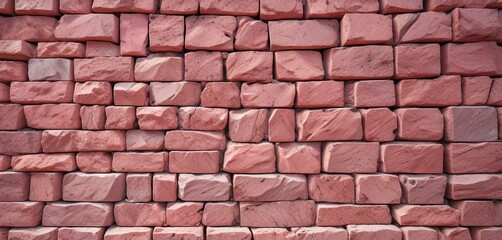 Fototapeta premium Pink granite brick wall with a unique pattern created by stacking the bricks at an angle, rough texture, pink granite slabs