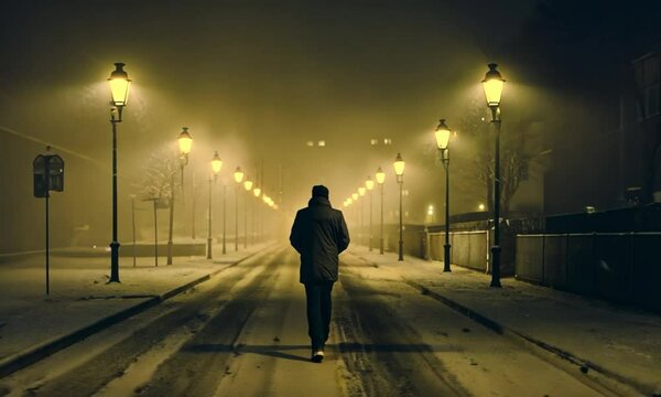 A lone figure walks down a snow-covered street at night, the only light source from the street lamps casting long shadows