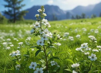Fototapeta premium A delicate blueberry bush with white flowers in a lush green meadow against a bright blue sky, field, landscape, flowers