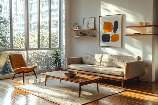 Modern minimalist interiors in residential living rooms with large windows visible and wood tables and sofas. Generative AI
