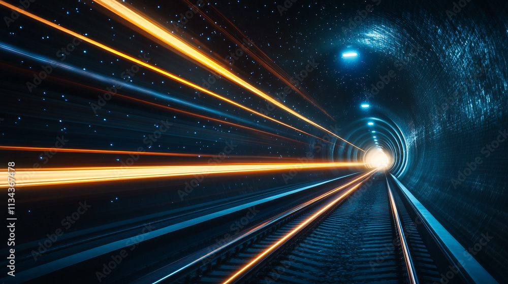 Poster light beams illuminate a dark tunnel, creating a sense of speed and motion