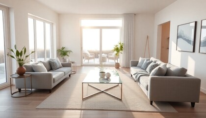 Fototapeta premium A bright and spacious living room with large windows, a glass coffee table, two gray sofas, and various decorative elements such as potted plants and artwork.