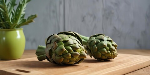 Fototapeta premium Artichoke on a green wooden cutting board with a simple background, green, cutting board, leafy
