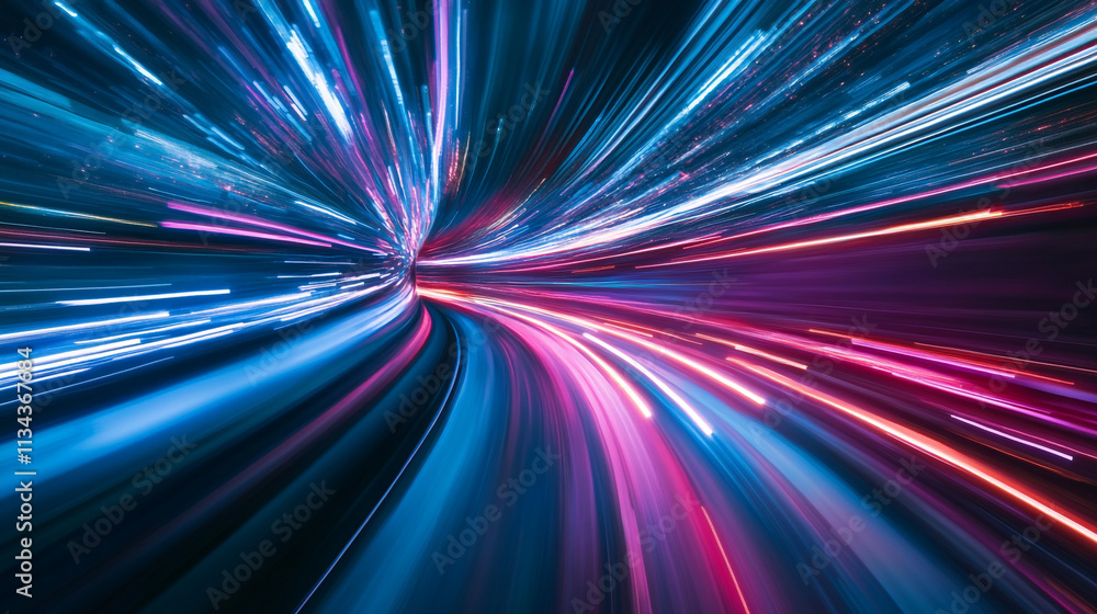 Poster colorful light trails create a dynamic illusion of speed in a digital landscape