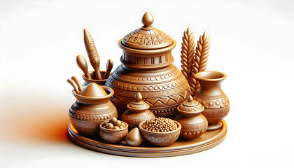 3D Traditional Pongal Utensils Macro concept as Macro shot of traditional Pongal utensils like clay pots and serving plates highlighting craftsmanship and cultural significance captured in a realistic