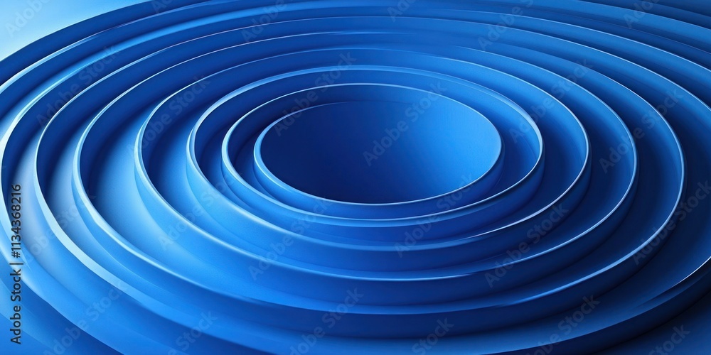 Poster concentric blue circular forms with depth.